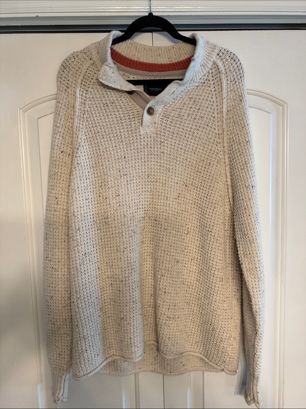 Lucky Brand Men's Cream V-Neck Knit Pullover with Rust Trim